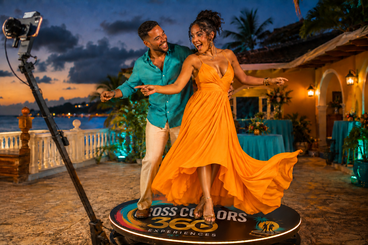 A joyful couple laughing and dancing on the branded Cross Colors 360 platform