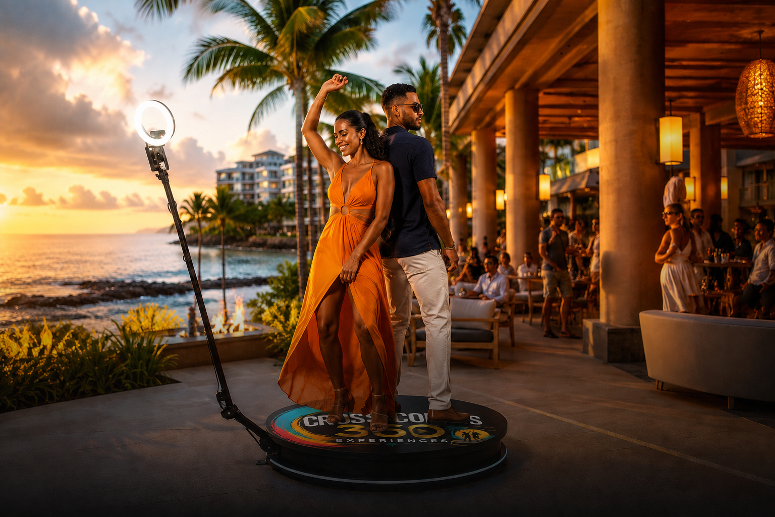 Hotel guests enjoying a branded Cross Colors 360 booth at a Puerto Rico resort