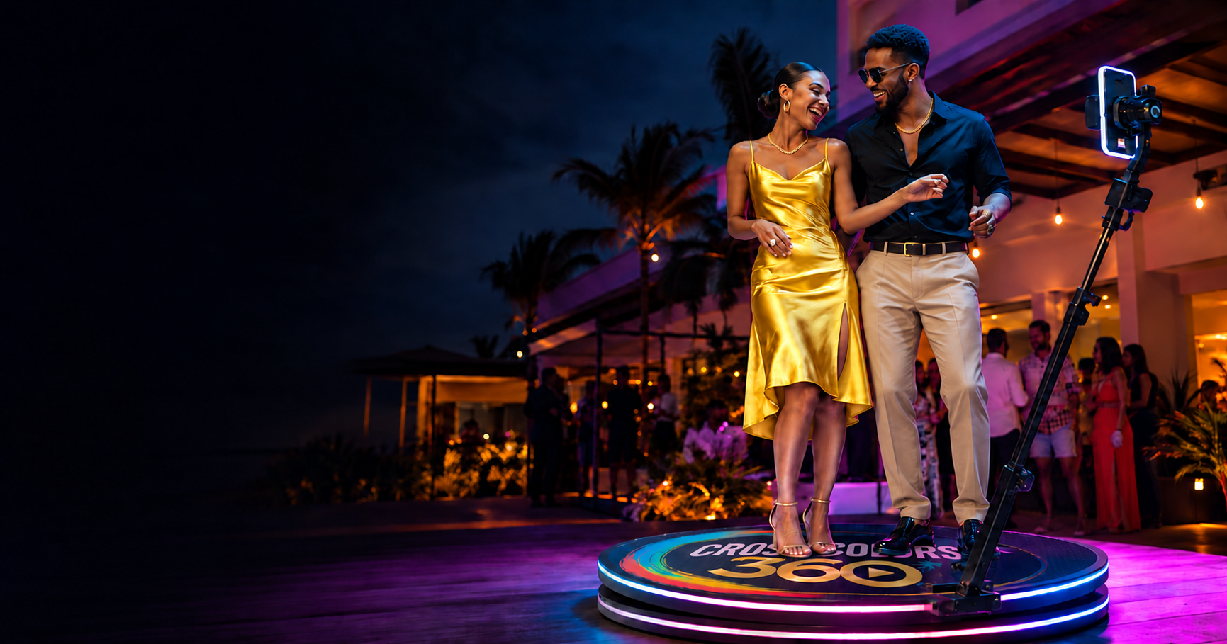 An elegantly dressed couple shown head-to-toe with the complete branded Cross Colors 360 platform and camera arm