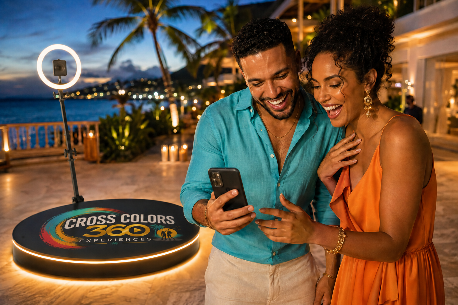 A couple sharing their video beside the branded Cross Colors 360 platform